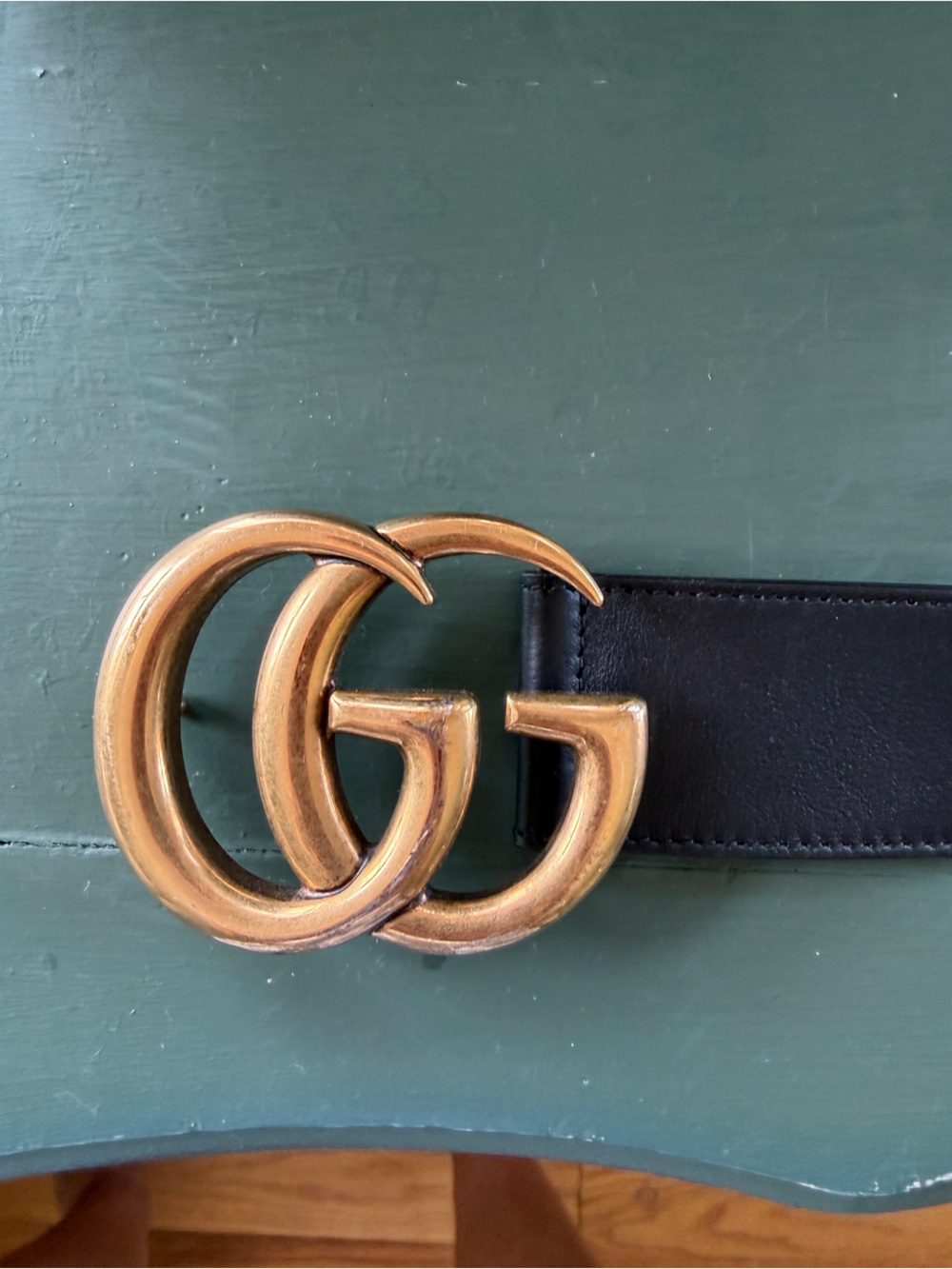 Gucci Black Leather Belt with Aged Gold Double G Buckle